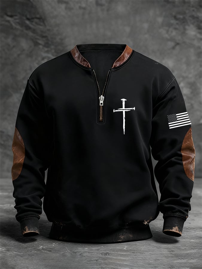 Men's Retro Faith Cross Print Zipper Stand Collar Long Sleeve Sweatshirt