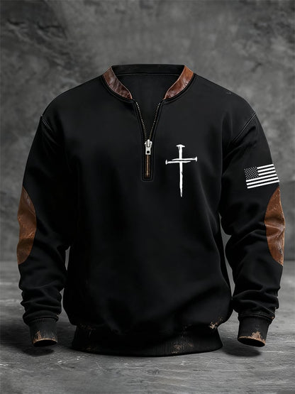 Men's Retro Faith Cross Print Zipper Stand Collar Long Sleeve Sweatshirt