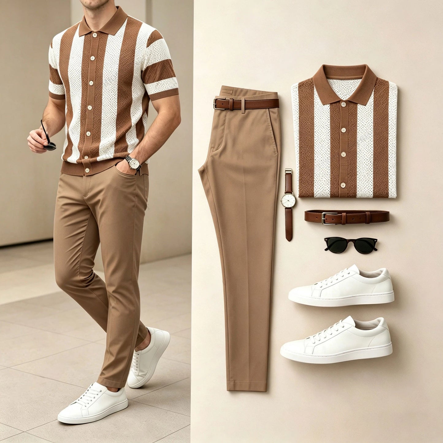 Men's Color-Blocked Striped Knit Ice Silk Short-Sleeve Polo Shirt and Pants Two-Piece Set (Accessories Not Included)