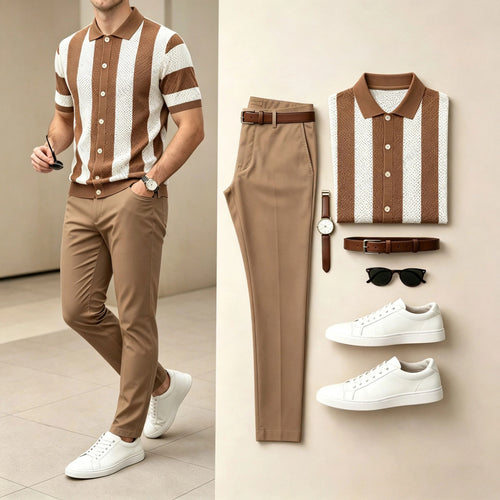 Men's Color-Blocked Striped Knit Ice Silk Short-Sleeve Polo Shirt and Pants Two-Piece Set (Accessories Not Included)