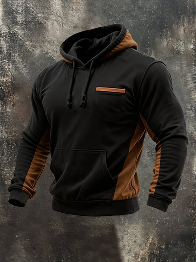 Men's Retro Stitching Contrast Color Hooded Casual Sweatshirt Suit