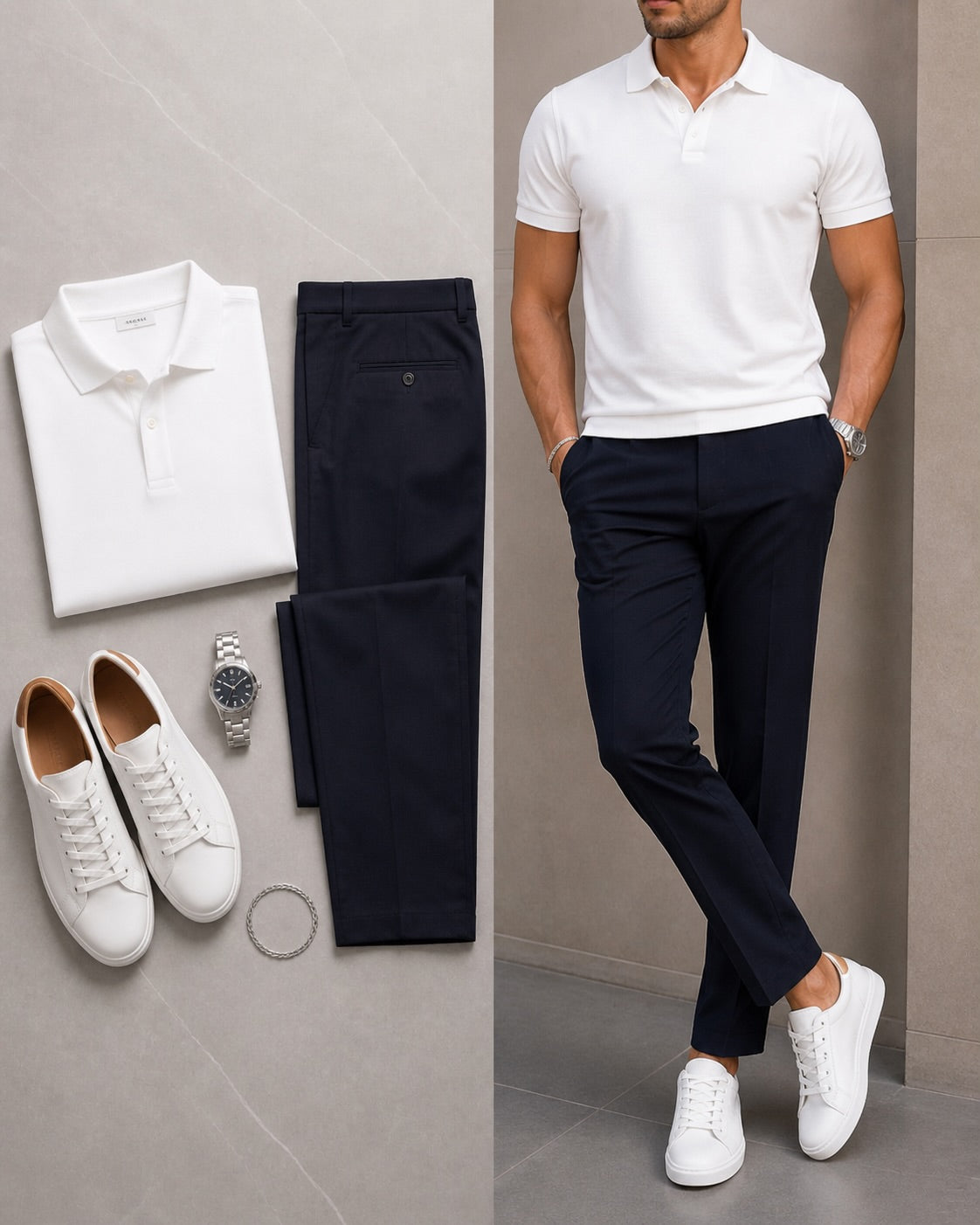 Men's Casual White Color Short Sleeves Polo Shirt & Jeans Pants Two Piece Set