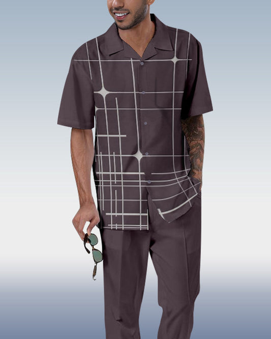 Rianmond Men's Colorblock Check Short Sleeve Shirt Walking Set 375