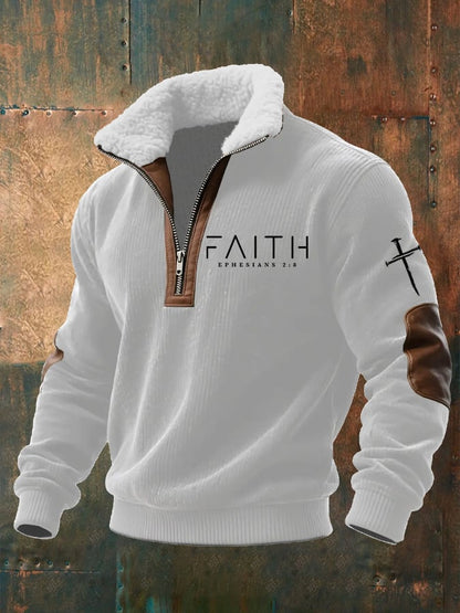 Men's Faith Print Knitted Fabric Zipper Fur Collar Long-Sleeved Sweatshirt