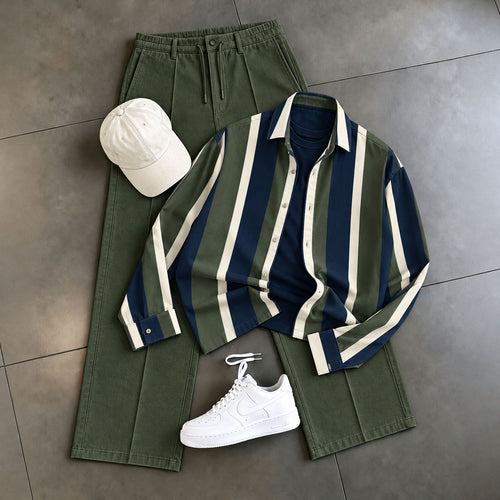 Men's Striped Print Shirt and Pants Two-Piece Set