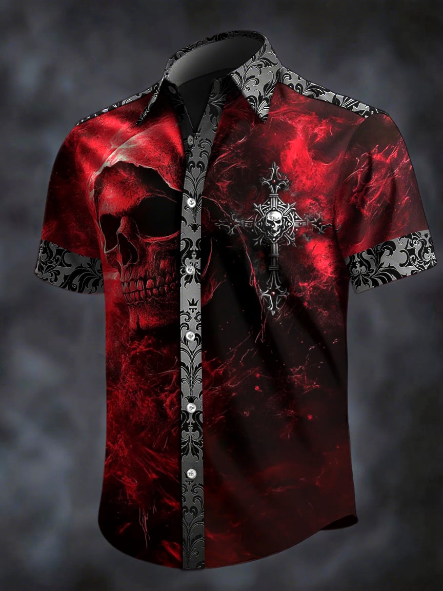 Men's Retro Horror Skull Print Lapel Short Sleeve Shirt