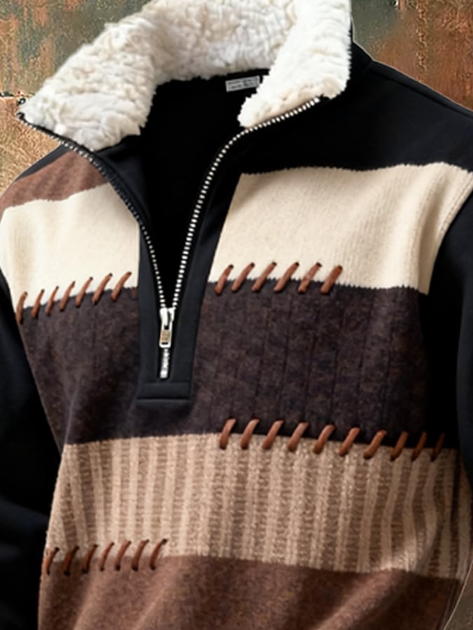 Men's Retro Color Block Print Casual Fur Collar Sweatshirt