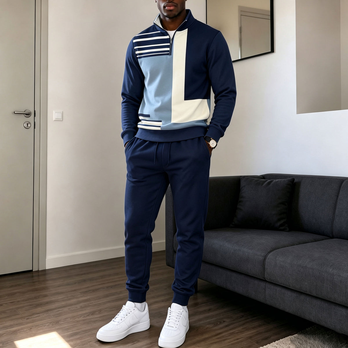 Men's Printed Zipper Stand-Up Collar Sweatshirt and Sweatpants Set
