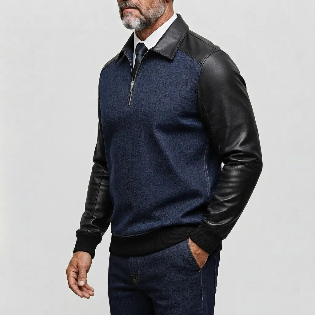 Men's Denim PU Leather Patchwork Long Sleeve Half Zip Sweatshirt