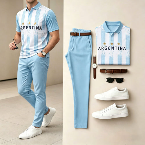 Men's Casual Blue & White Stripes Sporty Printed Polo Shirt And Pants Two-Piece Set