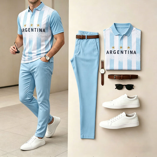 Men's Casual Blue & White Stripes Sporty Printed Polo Shirt And Pants Two-Piece Set