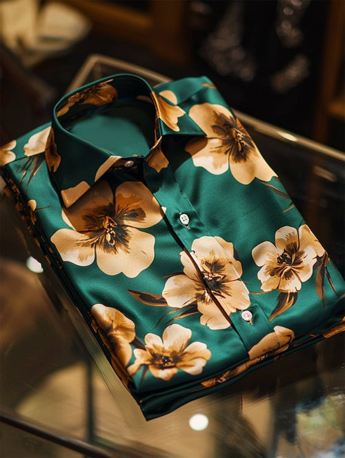 Men's Satin Luxe Hawaiian Print Short Sleeve Button Shirt