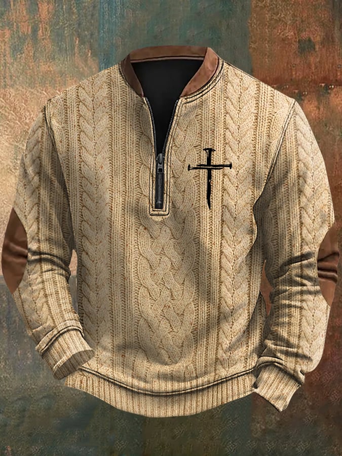 Men's Faith Cross Print Zipper Neck Knit Sweatshirt