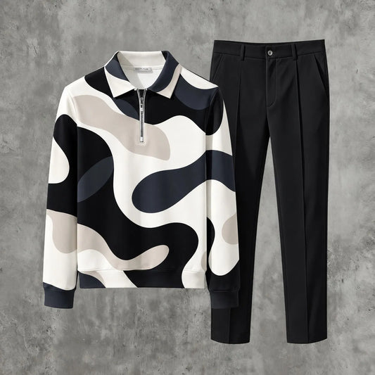 Men's Color-Blocked Zipper Polo Shirt and Pants Set