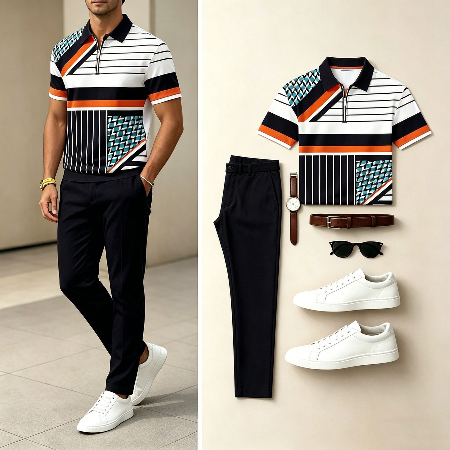 Men's Casual  Printed Polo Shirt And Pants Two-Piece Set