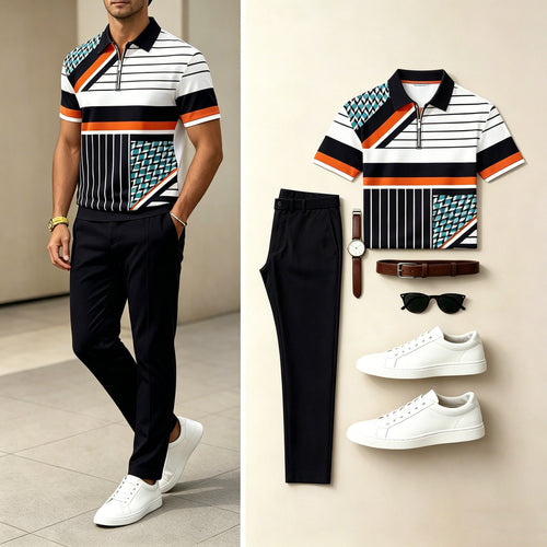 Men's Casual  Printed Polo Shirt And Pants Two-Piece Set