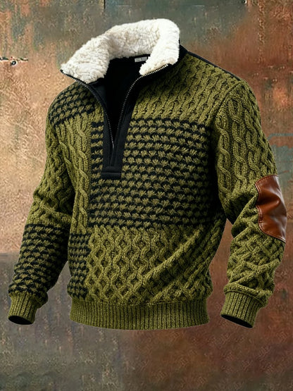 Men's Retro Color Block Print Casual Fur Collar Sweatshirt