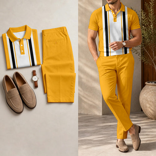 Men's Casual Orange-White Geometric Printed Polo Shirt And Pants Two-Piece Set