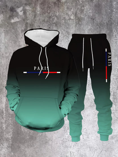 Gradient Color Paris Tracksuit Outfit Men's Street Fashion 3D Print Sport Hoodie 2-Piece Autumn/Winter Sweatshirt Sweatpants Set