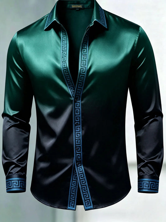Men's Luxury Glossy Satin Long Sleeve Gradient Green Dress Shirt