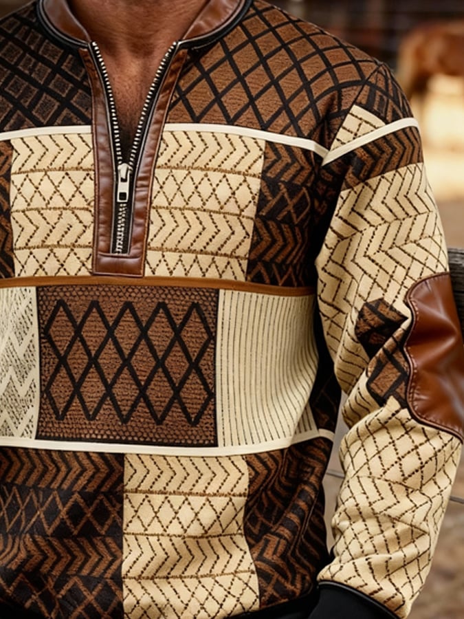 Men's Retro Color Block Print Zipper Sweatshirt