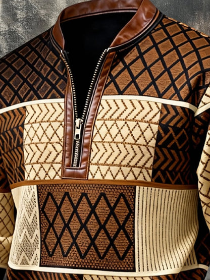 Men's Retro Color Block Print Zipper Sweatshirt