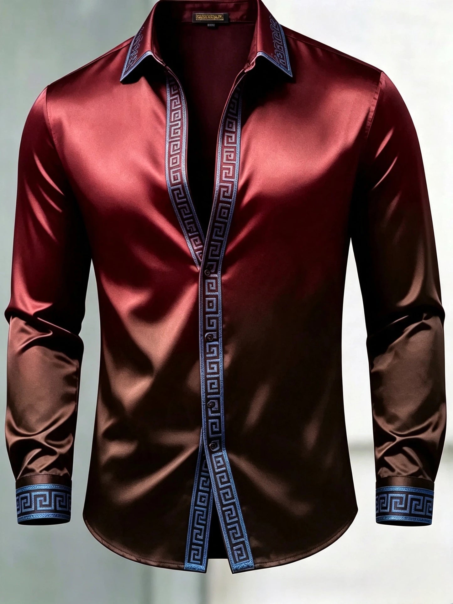 Men's Luxury Glossy Satin Long Sleeve Gradient Burgundy Dress Shirt