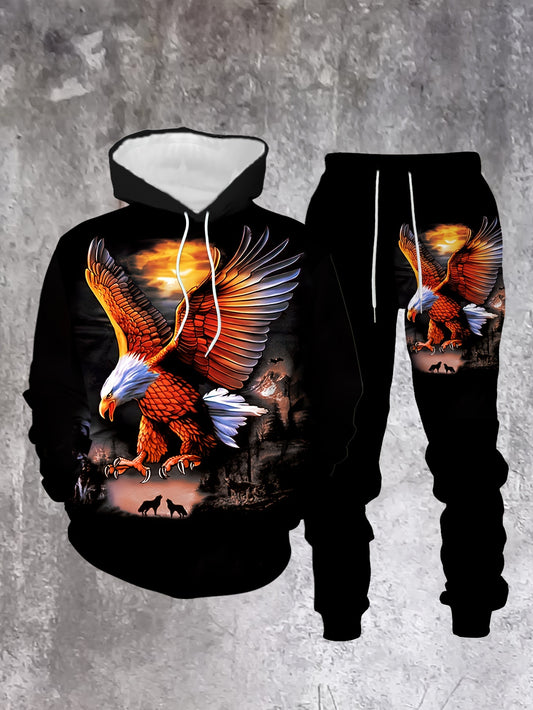 Men's Casual Color "Eagle" Hoodies Long Sleeved Sweatshirts & Sweatpants Two-Piece Set
