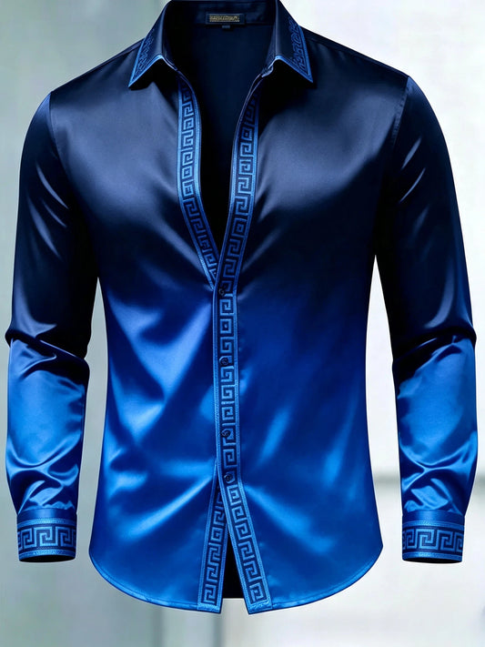Men's Luxury Glossy Satin Long Sleeve Gradient Royal Blue Dress Shirt