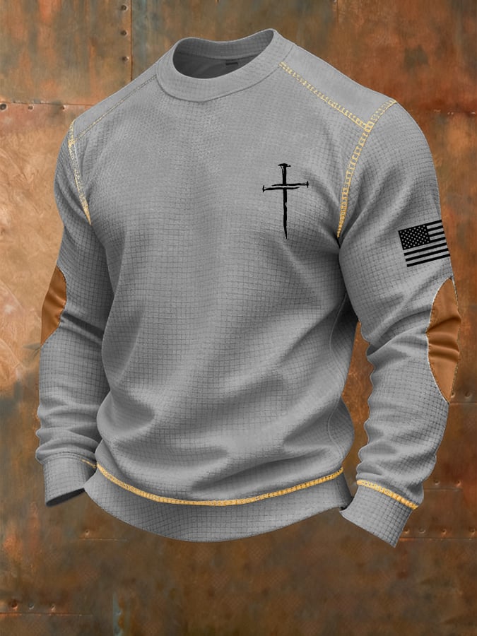 Men's Vintage Faith Cross Print Waffle Crew Neck Sweatshirt