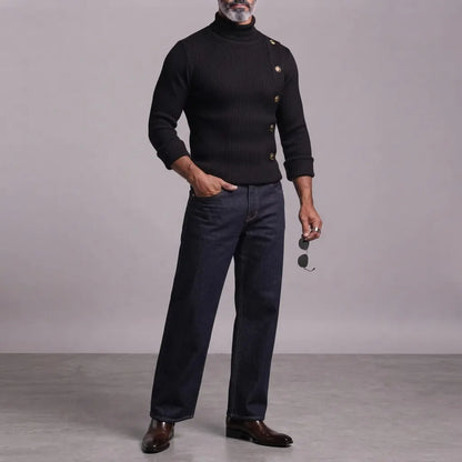 Men's White Ribbed Knitted Turtleneck Asymmetric Button Slim-Fit Long Sleeve T-Shirt