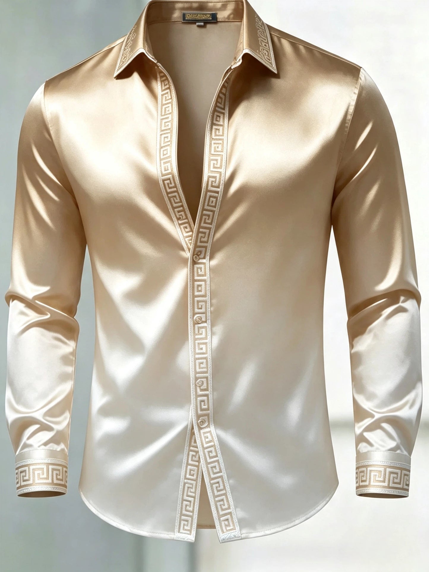 Men's Luxury Glossy Satin Long Sleeve Gradient Champagne Dress Shirt