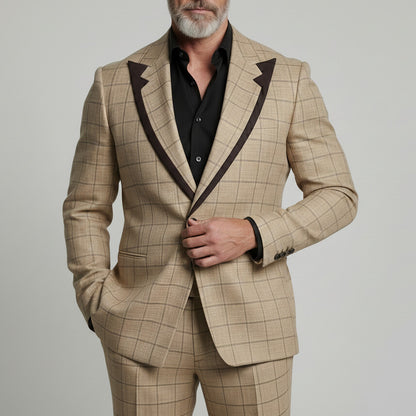 Men's Elegant Khaki Plaid Print Contrast Peak Lapel Business Casual Blazer