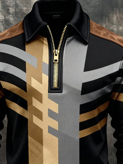 Men's Retro Color Block Print Zipper Sweatshirt