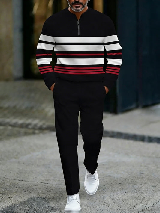 Men's Casual Black & Red Color Matching Striped Printed Round-Neck Zipper Long Sleeved Tops & Trousers Two-Piece Set