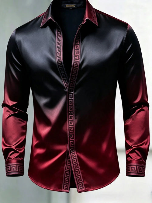 Men's Luxury Glossy Satin Long Sleeve Gradient Black Red Dress Shirt