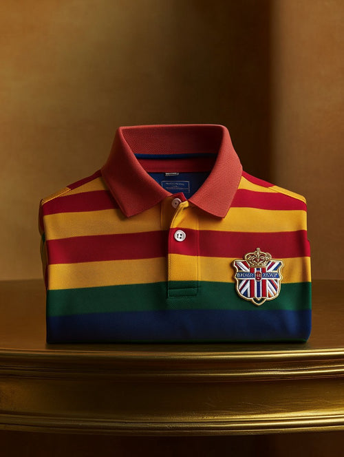 Men's Business Casual Button Striped Old Money Emblem Short Sleeve Polo Shirt