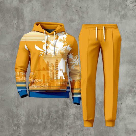 Men's Casual City Lights and Shadows Printed Long-Sleeve Hoodies Sweatshirt & Trousers Yellow Two-Piece Set