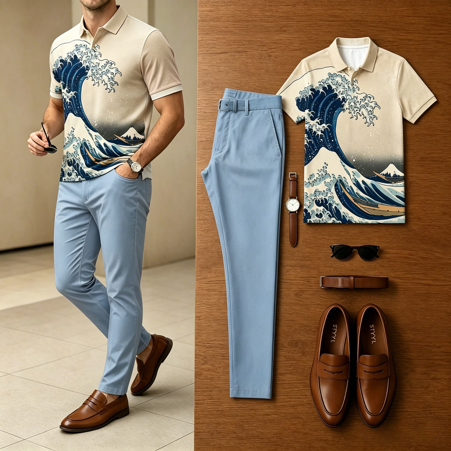 Men's Casual Ukiyo-E Wave Printed Polo Shirt And Pants Two-Piece Set