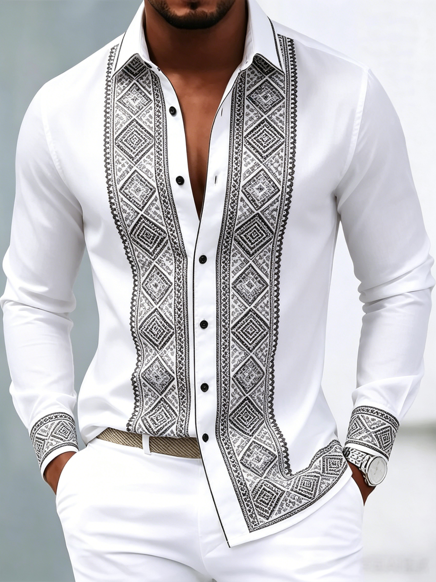Men's luxury business printed long-sleeved shirt
