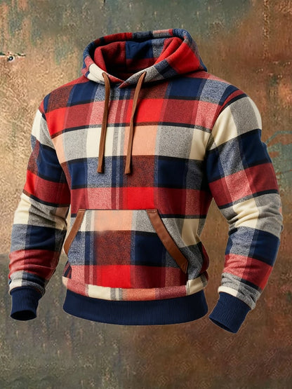 Men's Retro Plaid Contrast Color Hooded Sweatshirt