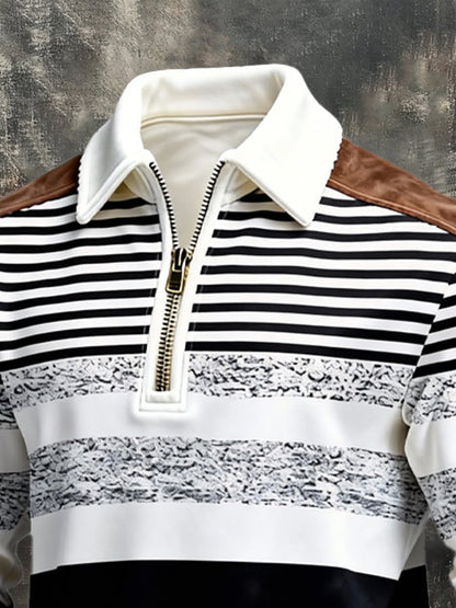 Men's Retro Color Block Print Zipper Sweatshirt