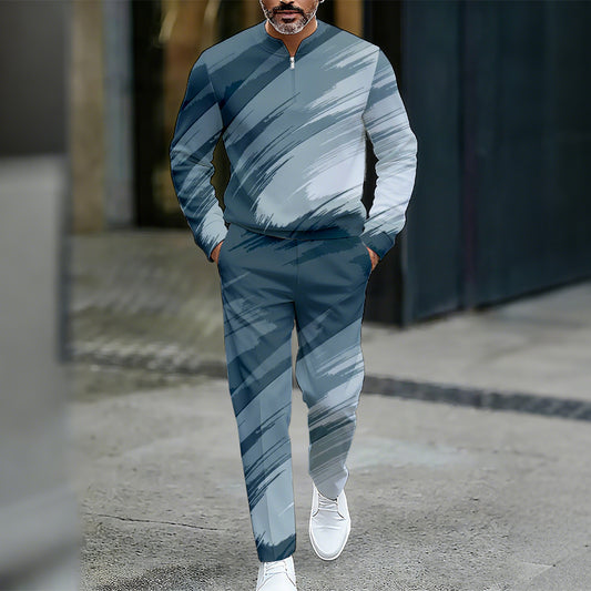 Men's Casual Color Matching Printed Round-Neck Zipper Long Sleeved Trousers Two-Piece Set
