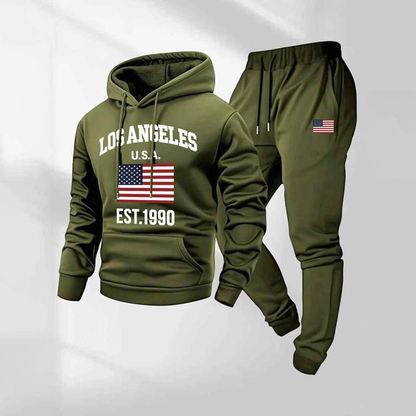 Men's Los Angeles USA Letter  Print Hoodie and Drawstring Sweatpants Set, Menswear, Casual Athletic Long Sleeve Hooded Jacket & Trousers for Fall & Winter, Men's Clothing for Daily Wear, Sportswear Indoor Outdoor, Tracksuit, Athleisure