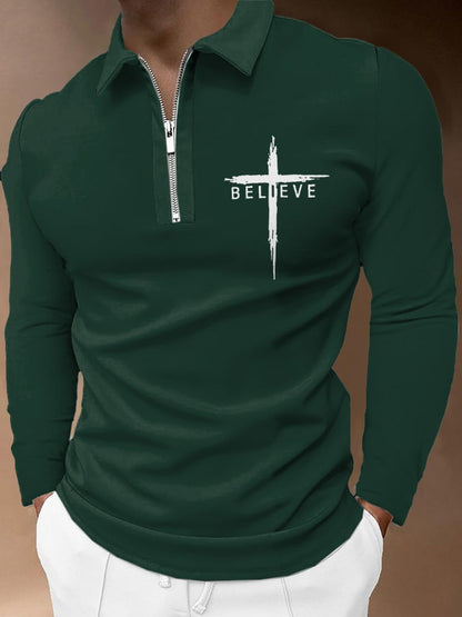 Men's Believe Cross Print Long Sleeve Polo Shirt