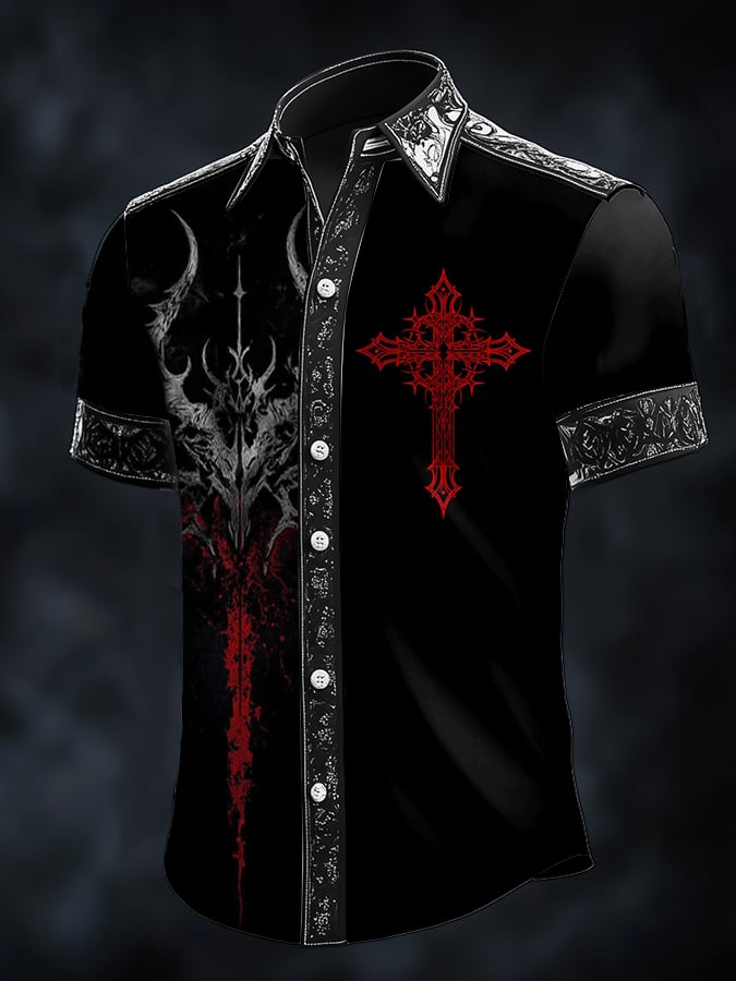 Men's Casual Fashion Dark Pattern Cross Crow Contrast Satin Shirt