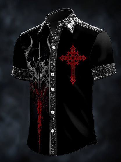 Men's Casual Fashion Dark Pattern Cross Crow Contrast Satin Shirt