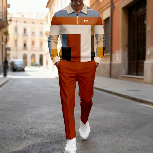 Men's Casual Orange Color Matching Geometric Printed Polo-Collar Zipper Long Sleeved Trousers Two-Piece Set