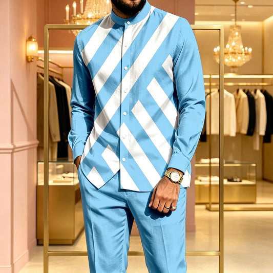 Men's Casual Diagonal-Striped Patchwork Print Stand-Collar Long-Sleeve Shirt and Pants Two-Piece Set