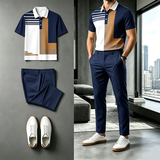 Men's Multi-Color Short-Sleeve Polo Shirt and Pants Set